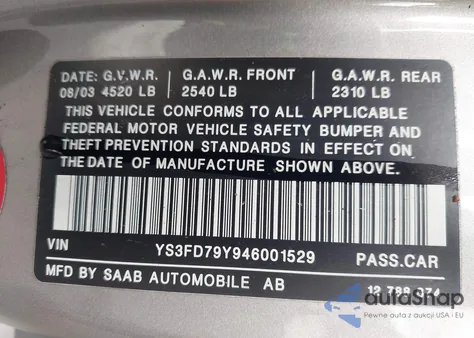 2004 Saab 9-3 Arc из США, поврежденный, VIN YS3FD79Y946001529